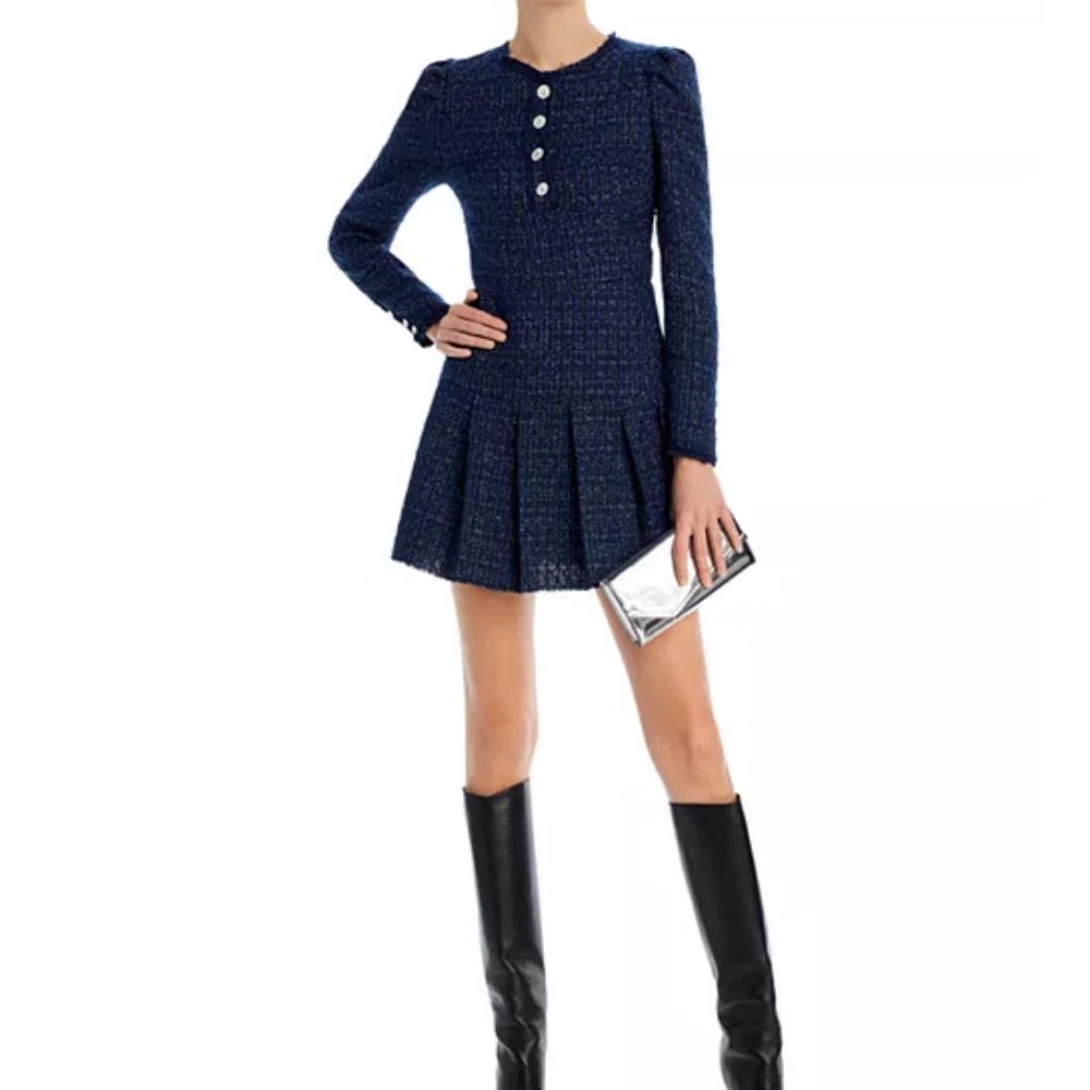 AQUA Tweed Pleated Mini Dress Navy Size M